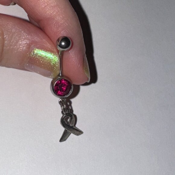 Hot Pink Awareness Ribbon Dangle Belly Ring - Picture 1 of 10